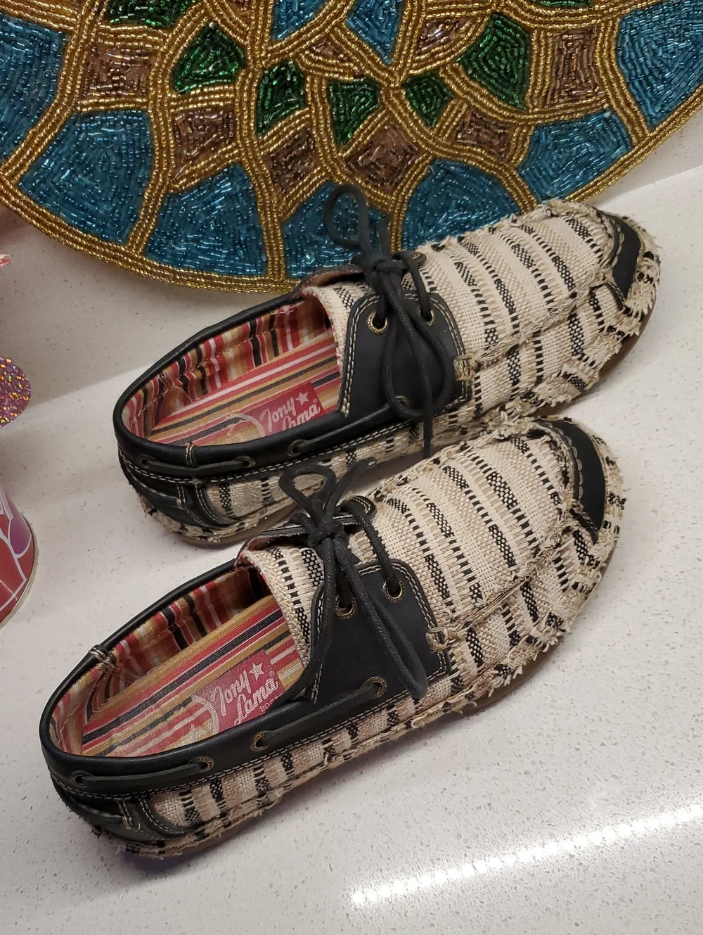 TONY LAMA Beige and Black Woven Driving Loafers (sz 8.5)